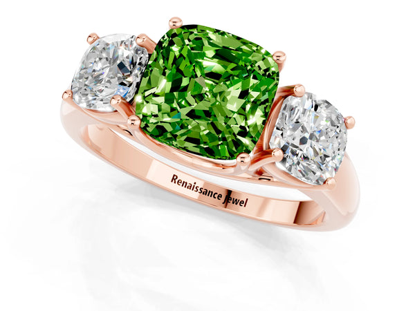 Rose gold Three-Stone Cushion Cut Peridot Engagement Ring with Prong Setting