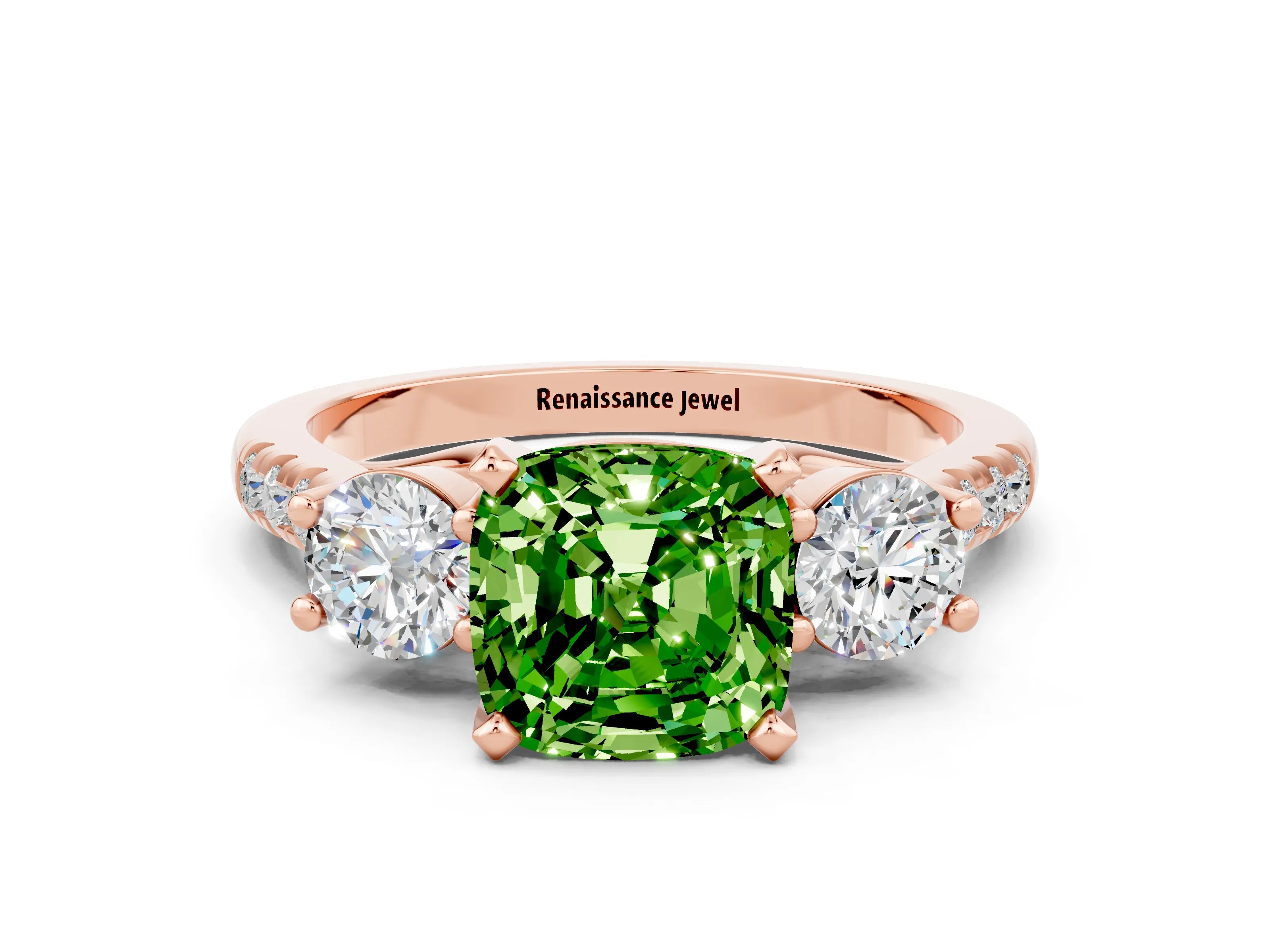Rose gold Three-Stone Cushion Cut Peridot Pavé Band with Four-Prong Setting