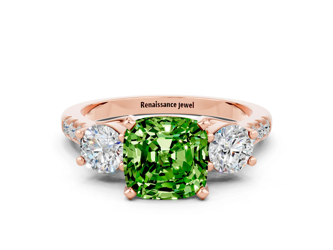 Rose gold Three-Stone Cushion Cut Peridot Pavé Band with Four-Prong Setting
