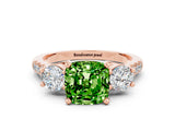 Rose gold Three-Stone Cushion Cut Peridot Pavé Band with Four-Prong Setting