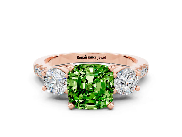 Rose gold Three-Stone Cushion Cut Peridot Pavé Band with Four-Prong Setting