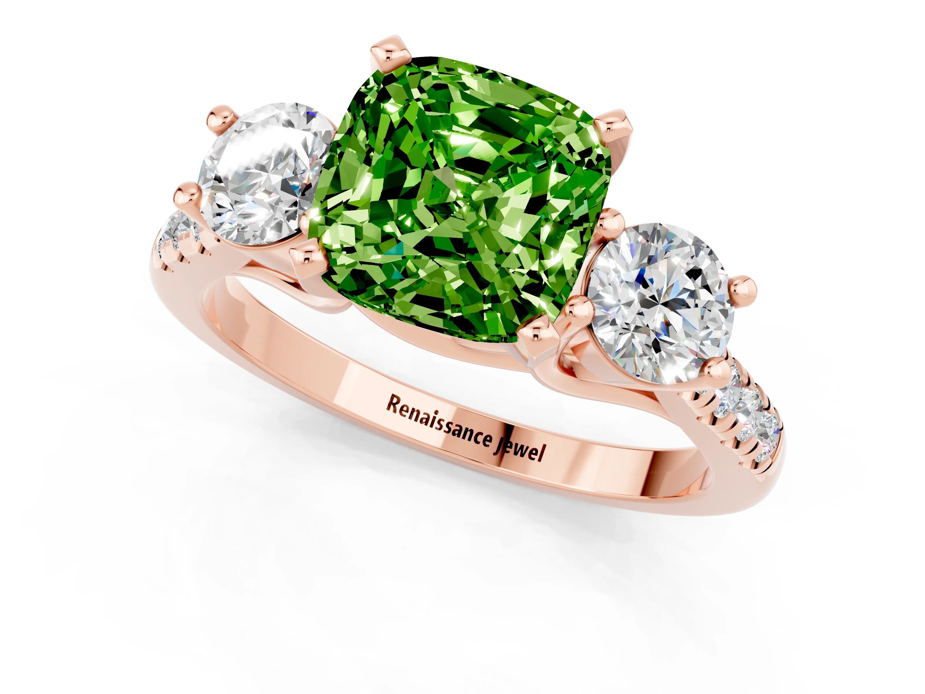 Rose gold Three-Stone Cushion Cut Peridot Pavé Band with Four-Prong Setting_1