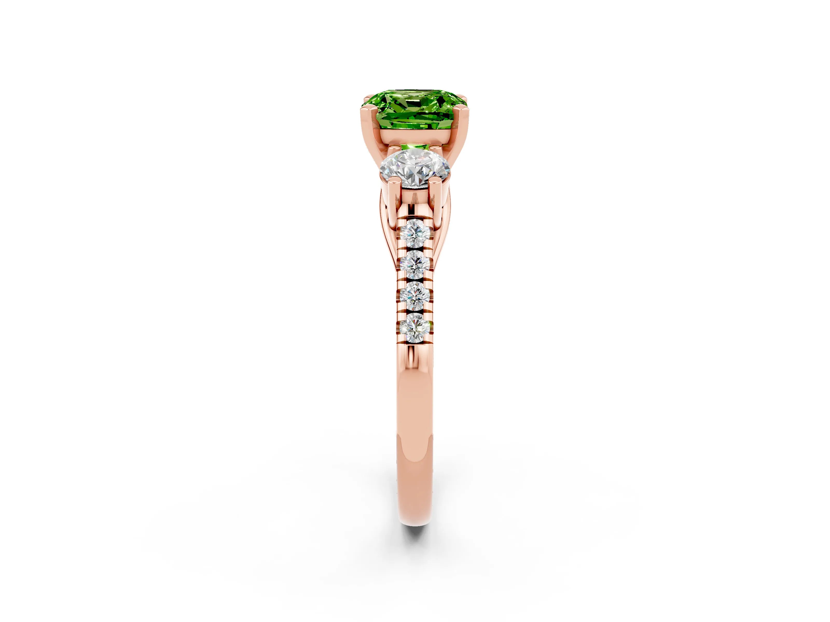 Rose gold Three-Stone Cushion Cut Peridot Pavé Band with Four-Prong Setting_2