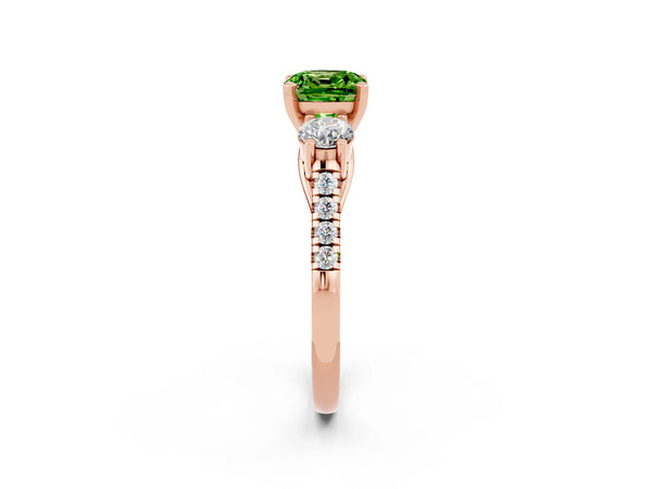 Rose gold Three-Stone Cushion Cut Peridot Pavé Band with Four-Prong Setting