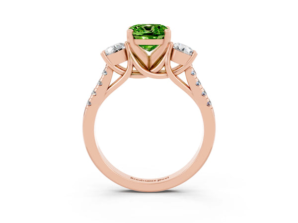 Rose gold Three-Stone Cushion Cut Peridot Pavé Band with Four-Prong Setting