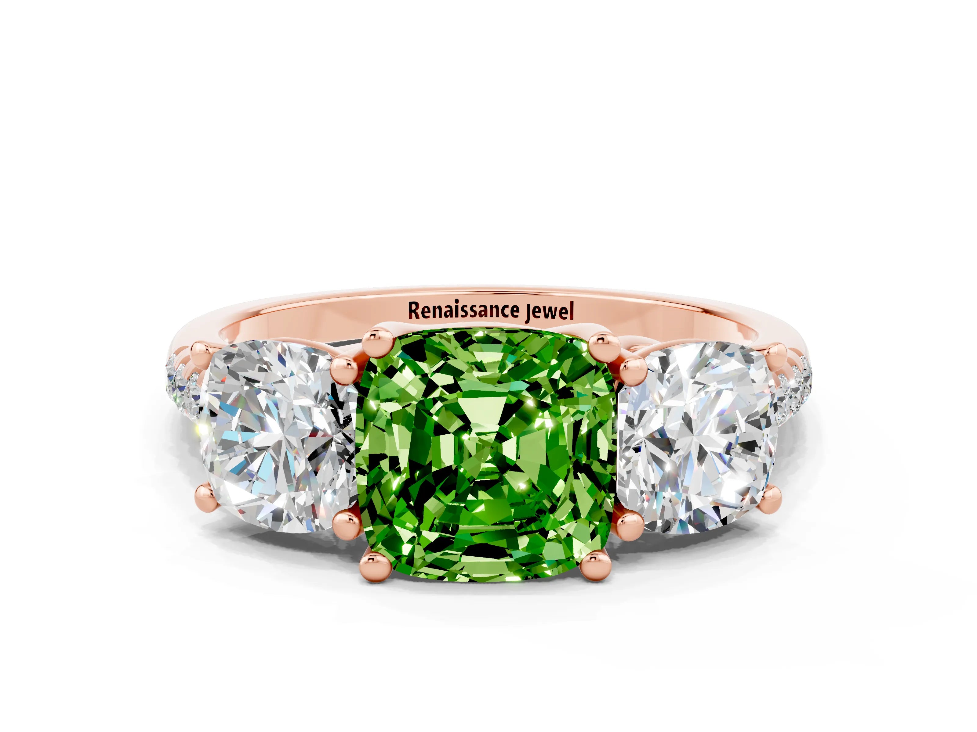 Rose gold Three-Stone Cushion Cut Peridot Ring with Pavé Band and Prong Setting_12