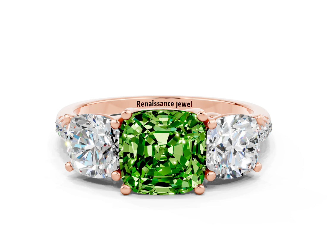 Rose gold Three-Stone Cushion Cut Peridot Ring with Pavé Band and Prong Setting_12
