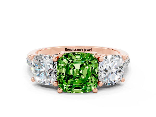 Rose gold Three-Stone Cushion Cut Peridot Ring with Round  Pavé Band and Prong Setting