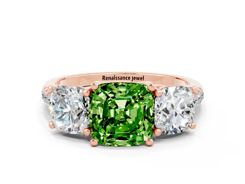 Rose gold Three-Stone Cushion Cut Peridot Ring with Pavé Band and Prong Setting_12