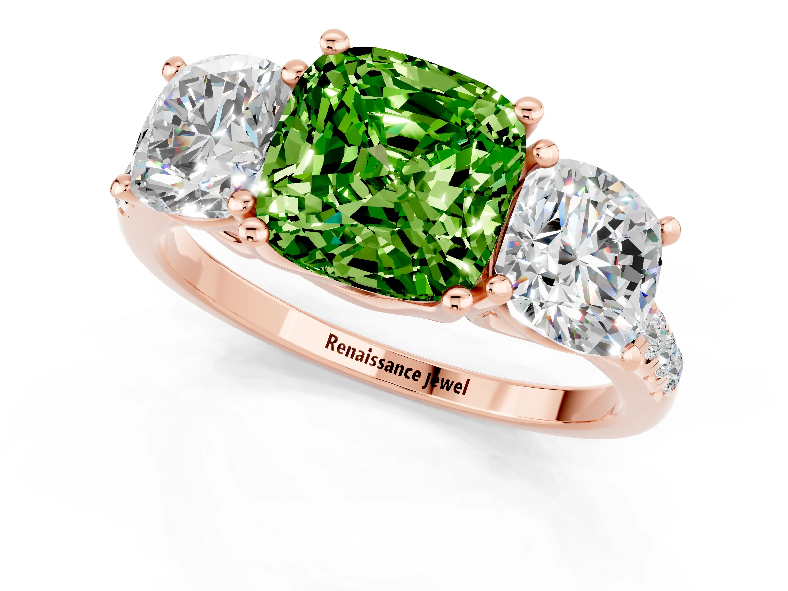 Rose gold Three-Stone Cushion Cut Peridot Ring with Pavé Band and Prong Setting_13