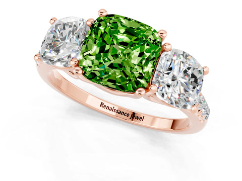 Rose gold Three-Stone Cushion Cut Peridot Ring with Pavé Band and Prong Setting_13