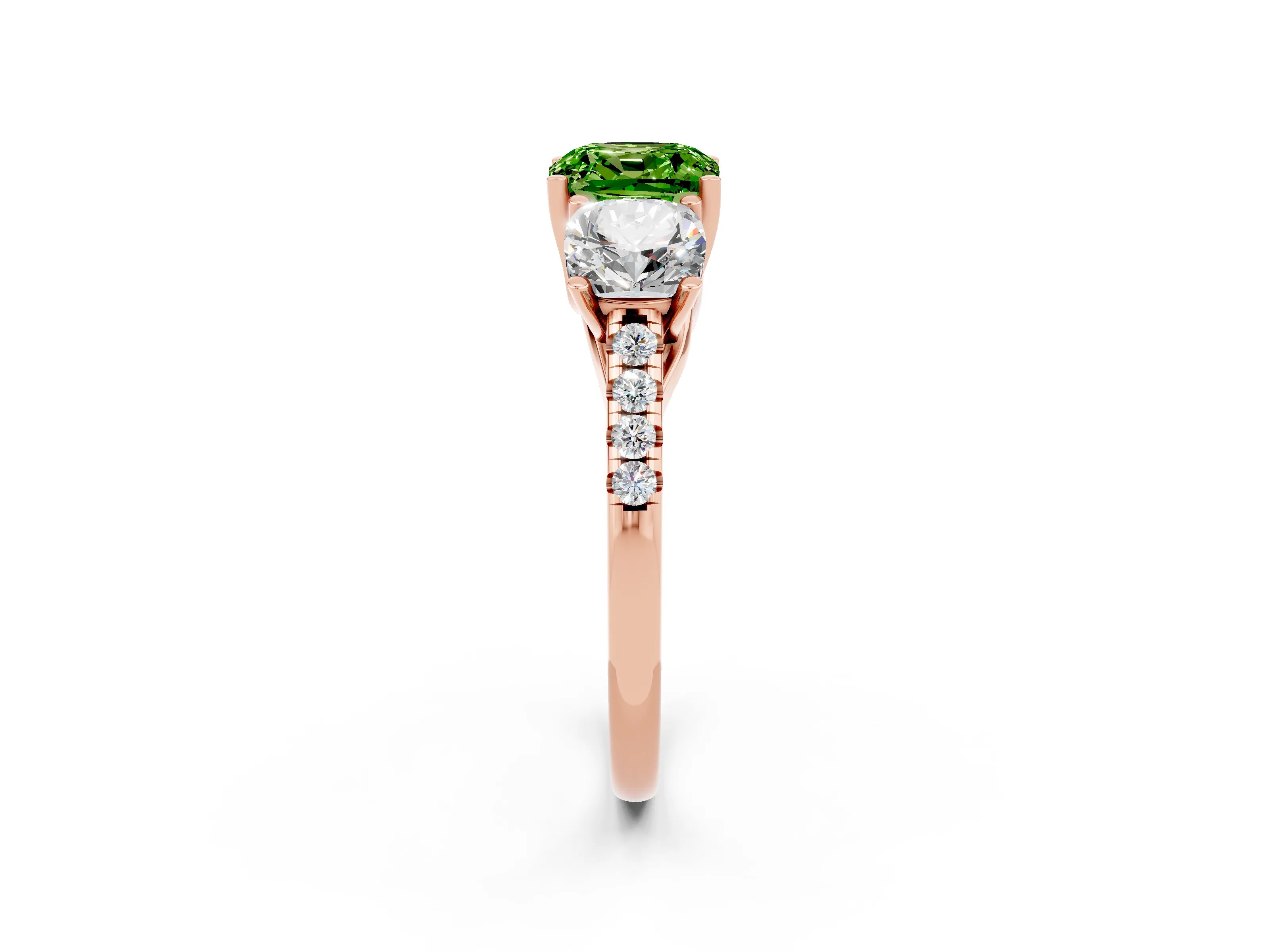 Rose gold Three-Stone Cushion Cut Peridot Ring with Pavé Band and Prong Setting_14