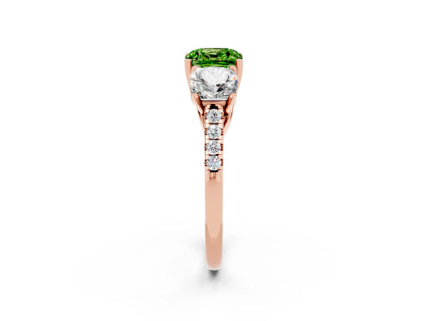 Rose gold Three-Stone Cushion Cut Peridot Ring with Round  Pavé Band and Prong Setting