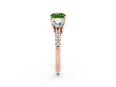 Rose gold Three-Stone Cushion Cut Peridot Ring with Pavé Band and Prong Setting_14