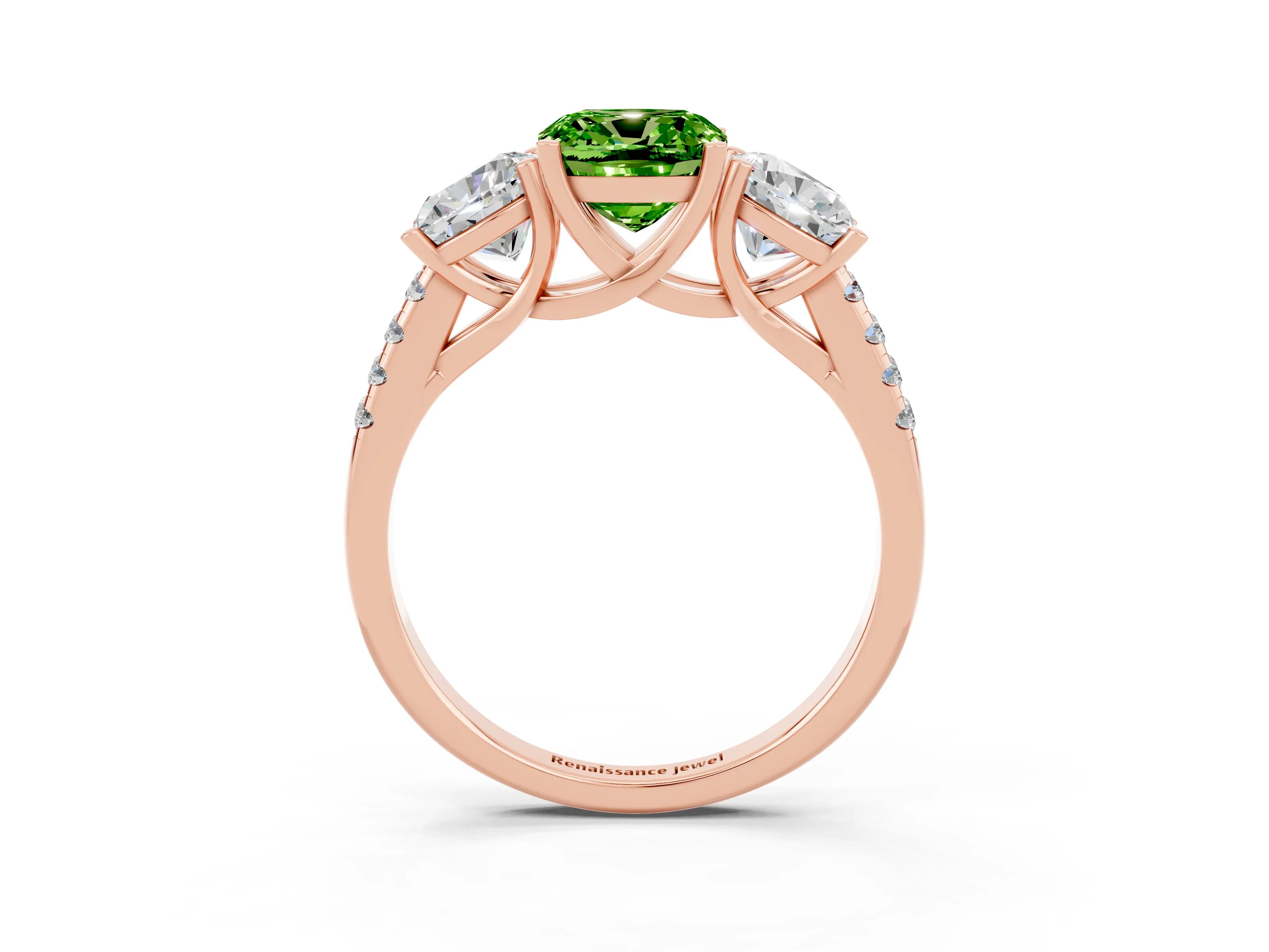 Rose gold Three-Stone Cushion Cut Peridot Ring with Pavé Band and Prong Setting_15