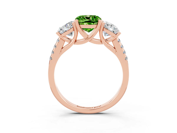Rose gold Three-Stone Cushion Cut Peridot Ring with Round  Pavé Band and Prong Setting