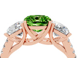 Rose gold Three-Stone Cushion Cut Peridot Ring with Pavé Band and Prong Setting_16