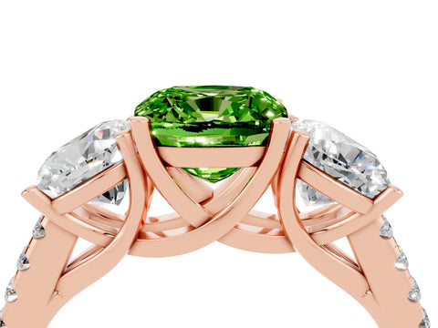 Rose gold Three-Stone Cushion Cut Peridot Ring with Pavé Band and Prong Setting_16