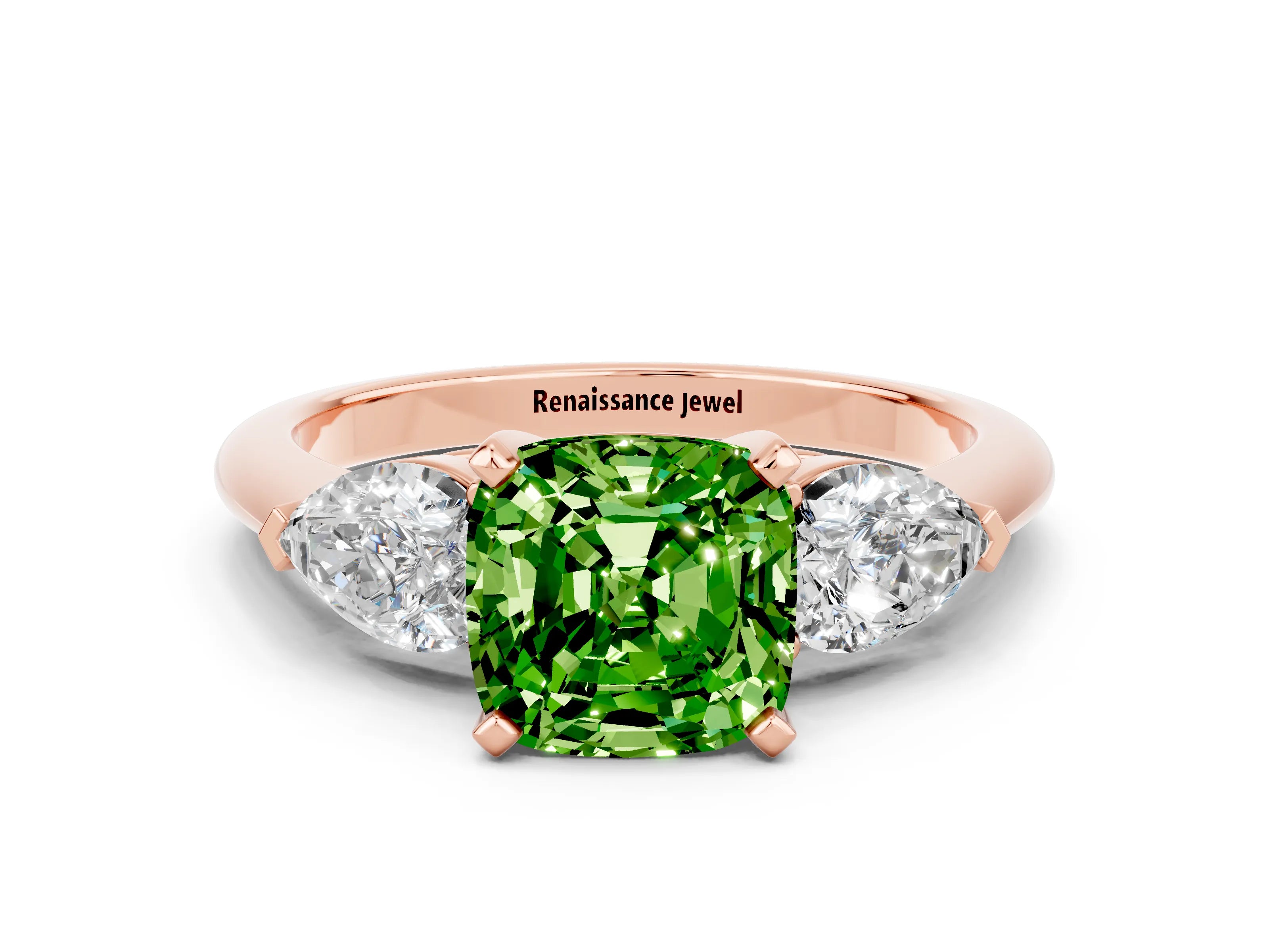 Rose gold Three-Stone Cushion Cut Peridot Ring with Pear Side Stones and Four-Prong Setting