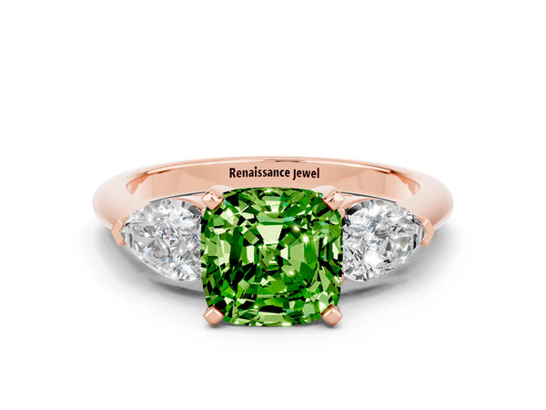Rose gold Three-Stone Cushion Cut Peridot Ring with Pear Side Stones and Four-Prong Setting
