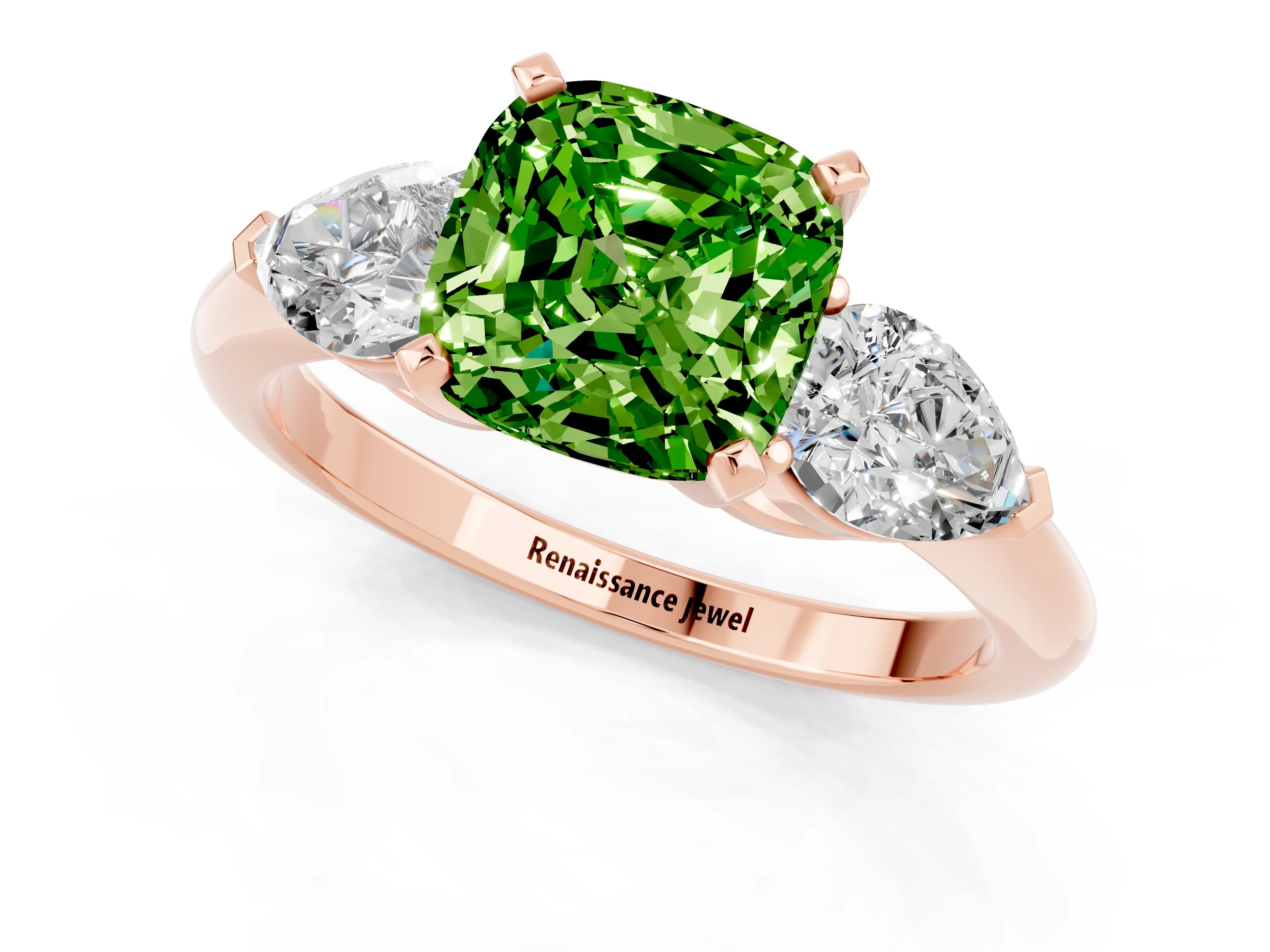 Rose gold Three-Stone Cushion Cut Peridot Ring with Pear Side Stones and Four-Prong Setting_1