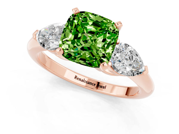 Rose gold Three-Stone Cushion Cut Peridot Ring with Pear Side Stones and Four-Prong Setting