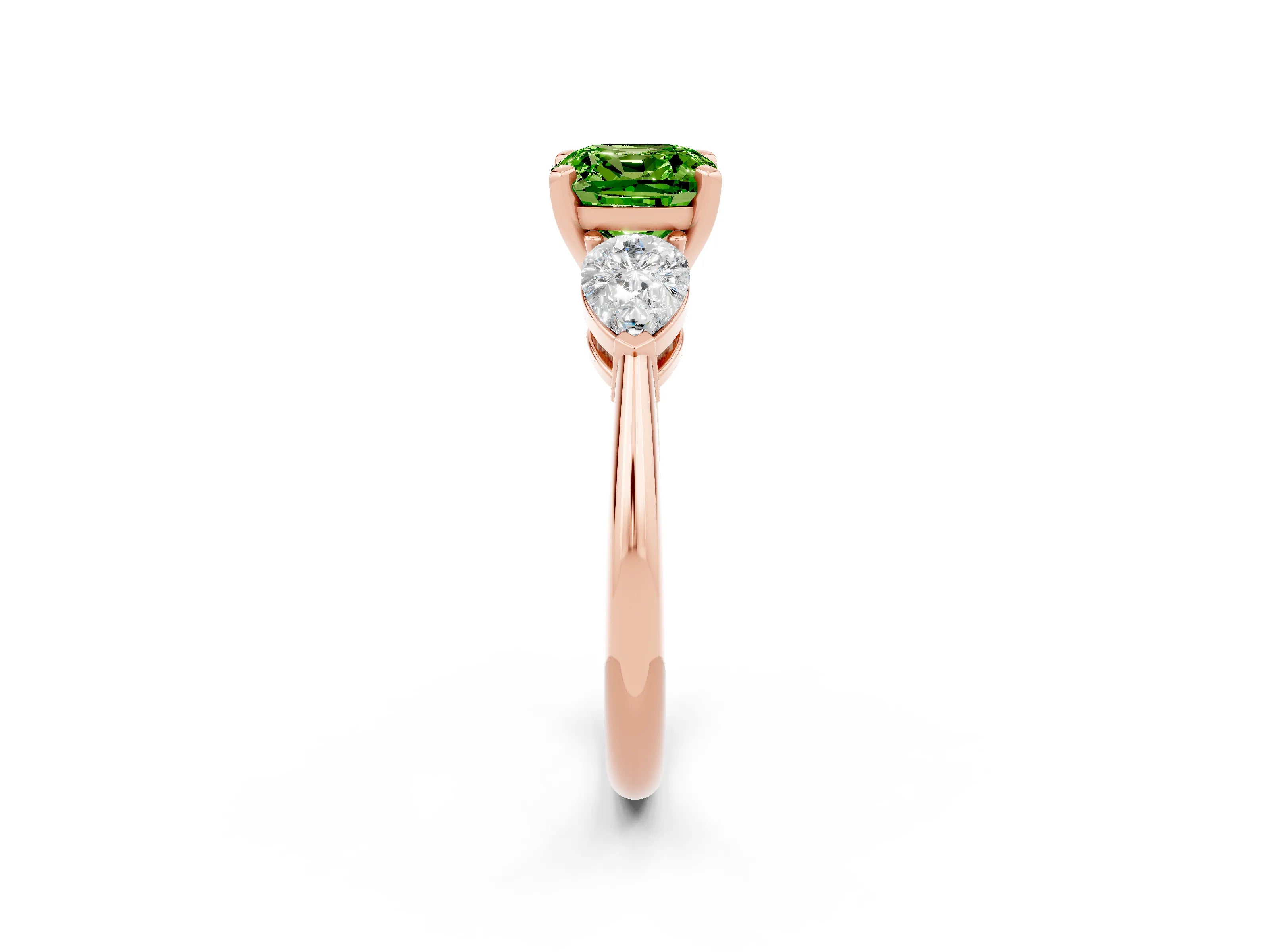 Rose gold Three-Stone Cushion Cut Peridot Ring with Pear Side Stones and Four-Prong Setting_2
