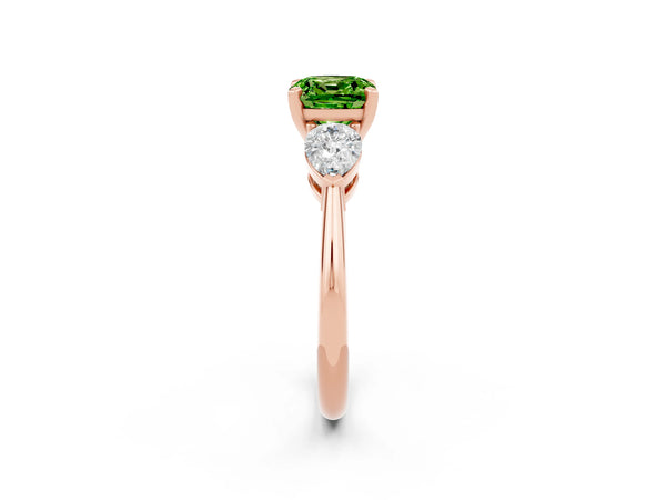 Rose gold Three-Stone Cushion Cut Peridot Ring with Pear Side Stones and Four-Prong Setting