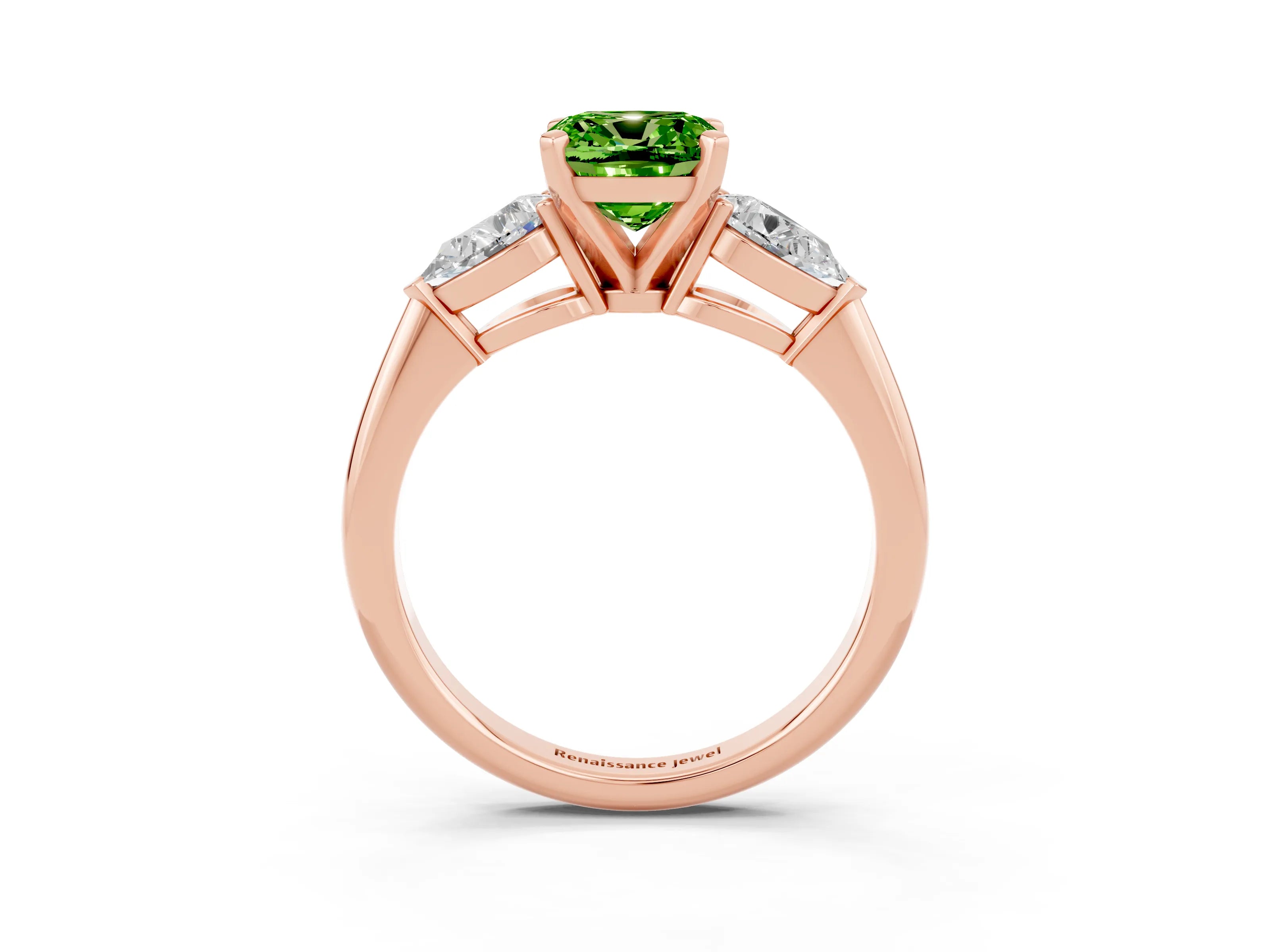 Rose gold Three-Stone Cushion Cut Peridot Ring with Pear Side Stones and Four-Prong Setting_3
