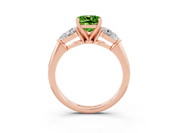 Rose gold Three-Stone Cushion Cut Peridot Ring with Pear Side Stones and Four-Prong Setting