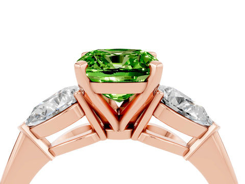 Rose gold Three-Stone Cushion Cut Peridot Ring with Pear Side Stones and Four-Prong Setting_4