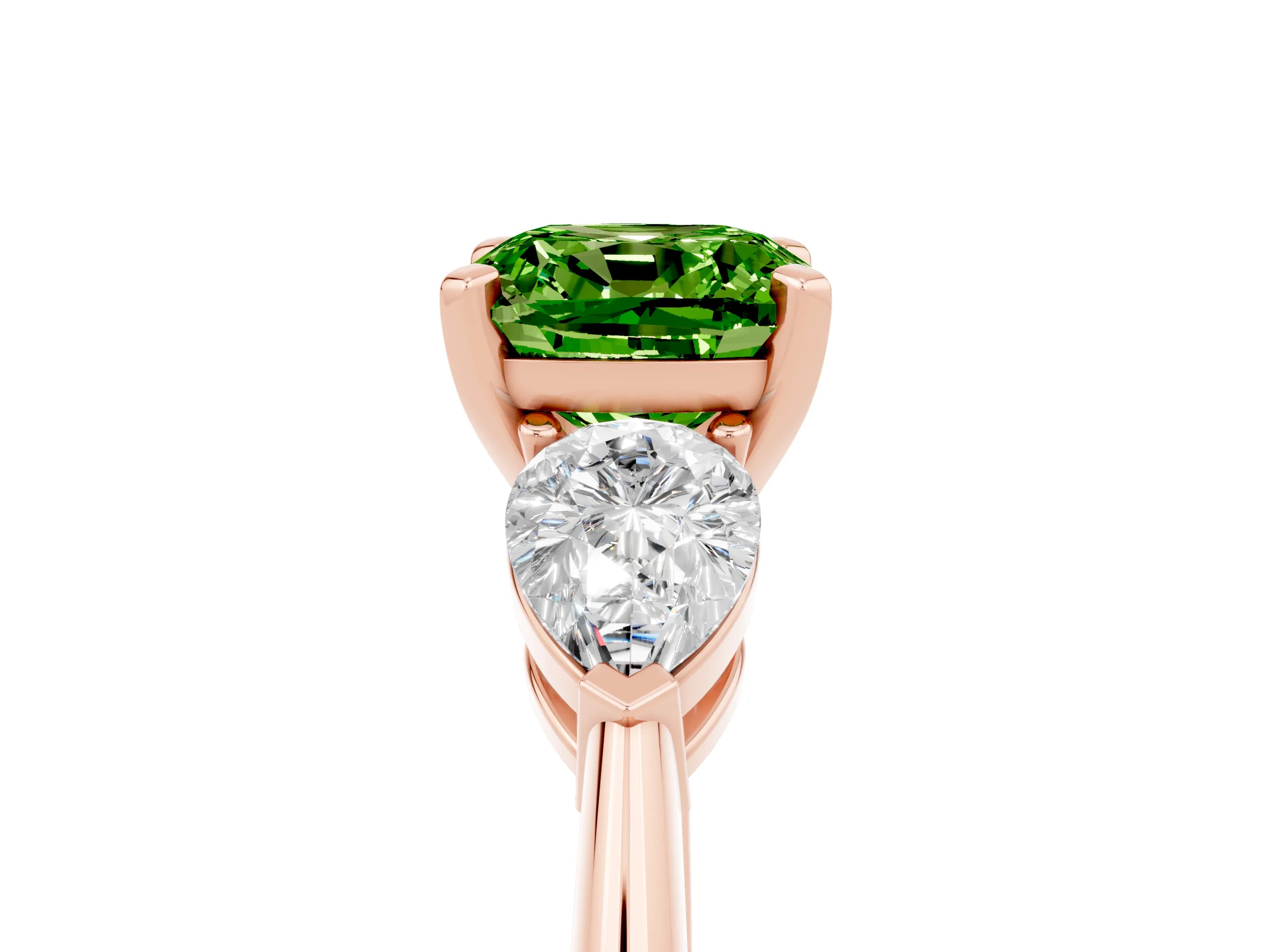 Rose gold Three-Stone Cushion Cut Peridot Ring with Pear Side Stones and Four-Prong Setting_5