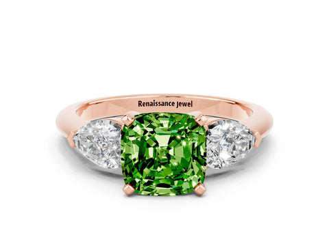 Rose gold Three-Stone Cushion Cut Peridot Ring with Pear Side Stones and Four-Prong Setting