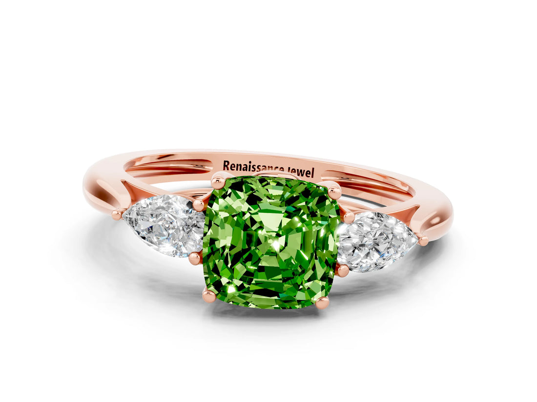 Rose gold Three-Stone Cushion Cut Peridot Ring with Pear  Side Stones in Four-Prong Setting_36