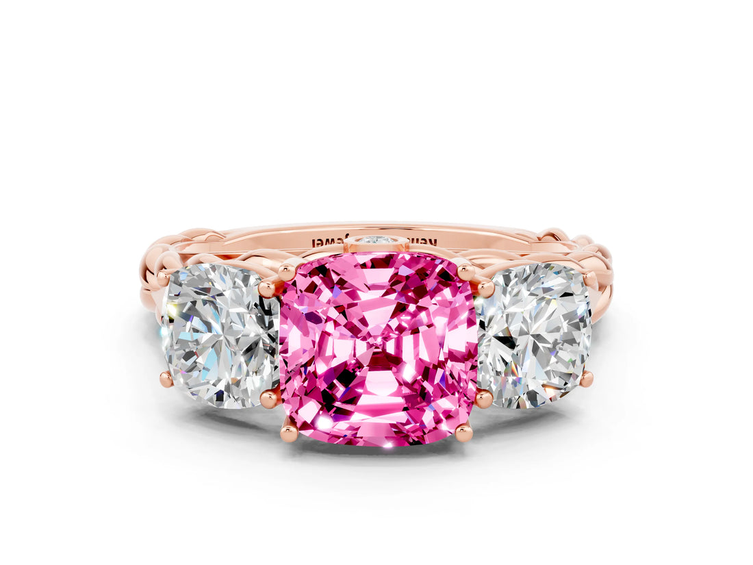 Rose gold Three-Stone Cushion Cut Pink Sapphire Braided Band Ring with Four-Prong Setting_36