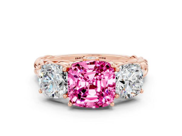 Rose gold Three-Stone Cushion Cut Pink Sapphire Braided Band Ring with Four-Prong Setting