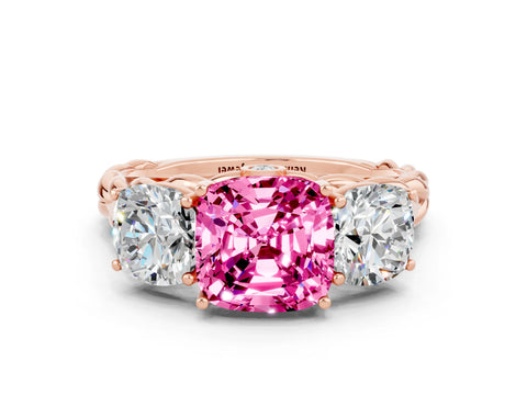 Rose gold Three-Stone Cushion Cut Pink Sapphire Braided Band Ring with Four-Prong Setting_36