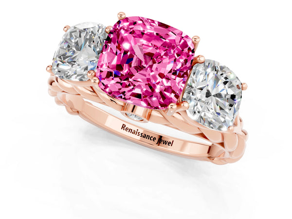 Rose gold Three-Stone Cushion Cut Pink Sapphire Braided Band Ring with Four-Prong Setting