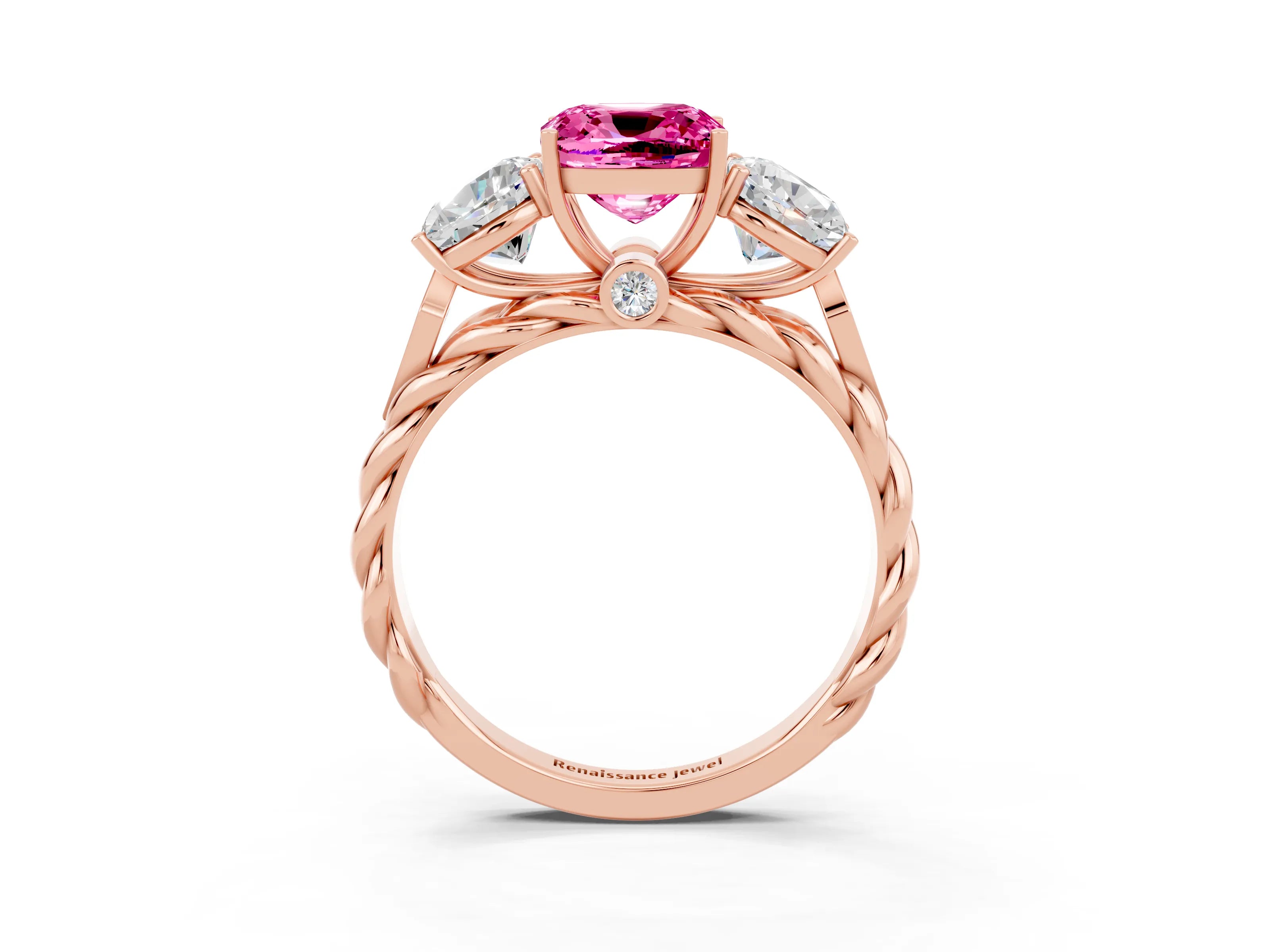 Rose gold Three-Stone Cushion Cut Pink Sapphire Braided Band Ring with Four-Prong Setting_39