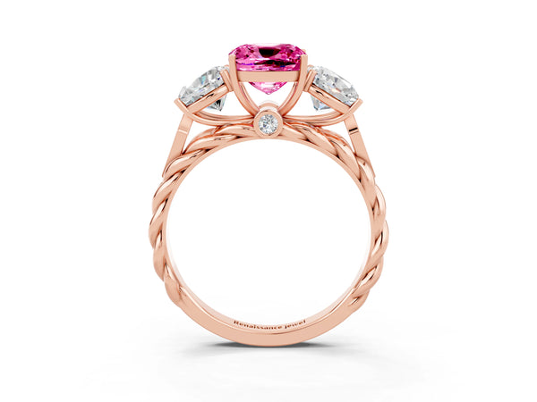 Rose gold Three-Stone Cushion Cut Pink Sapphire Braided Band Ring with Four-Prong Setting