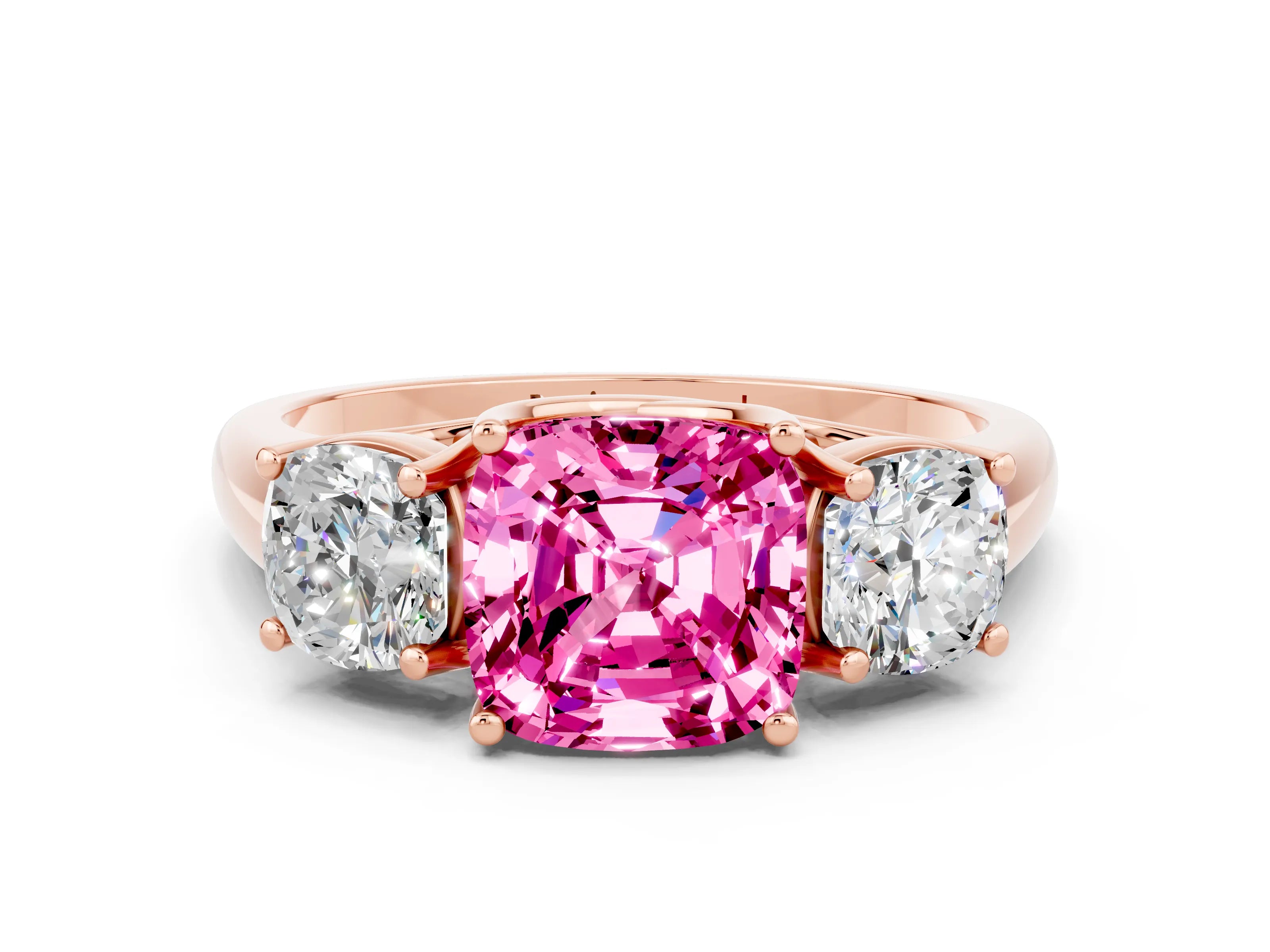 Rose gold Three-Stone Cushion Cut Pink Sapphire Engagement Ring with Prong Setting