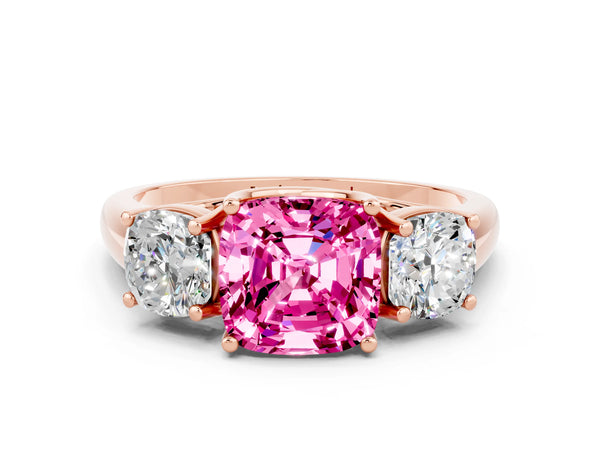 Rose gold Three-Stone Cushion Cut Pink Sapphire Engagement Ring with Prong Setting
