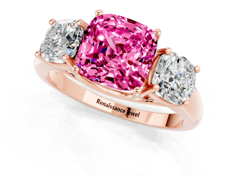 Rose gold Three-Stone Cushion Cut Pink Sapphire Engagement Ring with Prong Setting_1