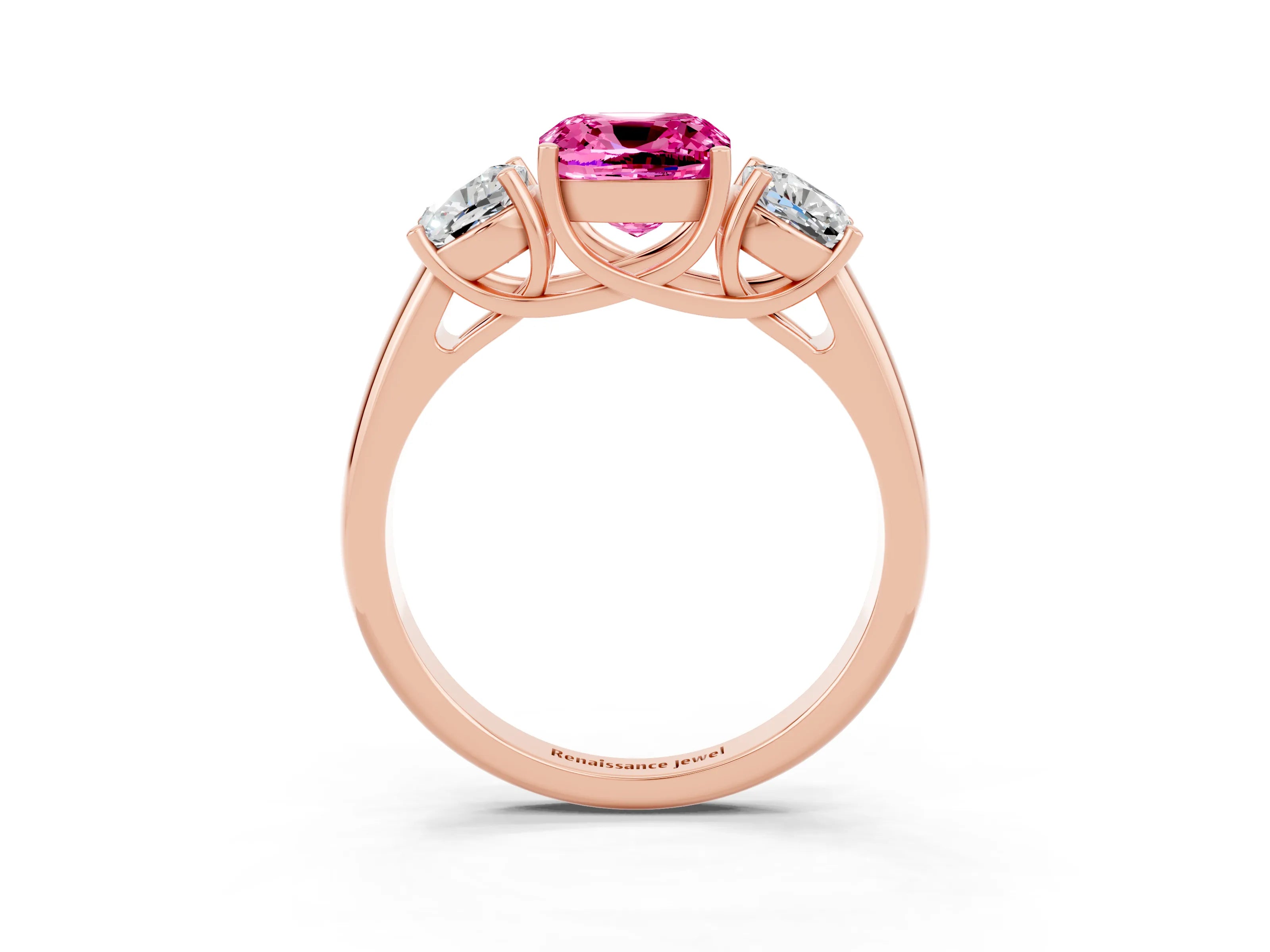 Rose gold Three-Stone Cushion Cut Pink Sapphire Engagement Ring with Prong Setting_3