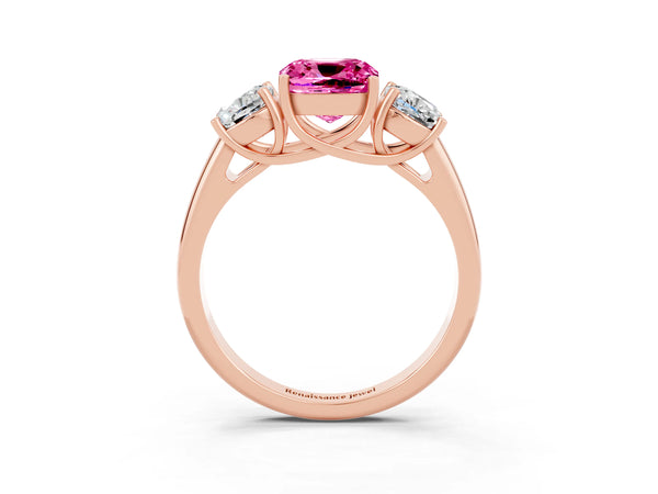 Rose gold Three-Stone Cushion Cut Pink Sapphire Engagement Ring with Prong Setting