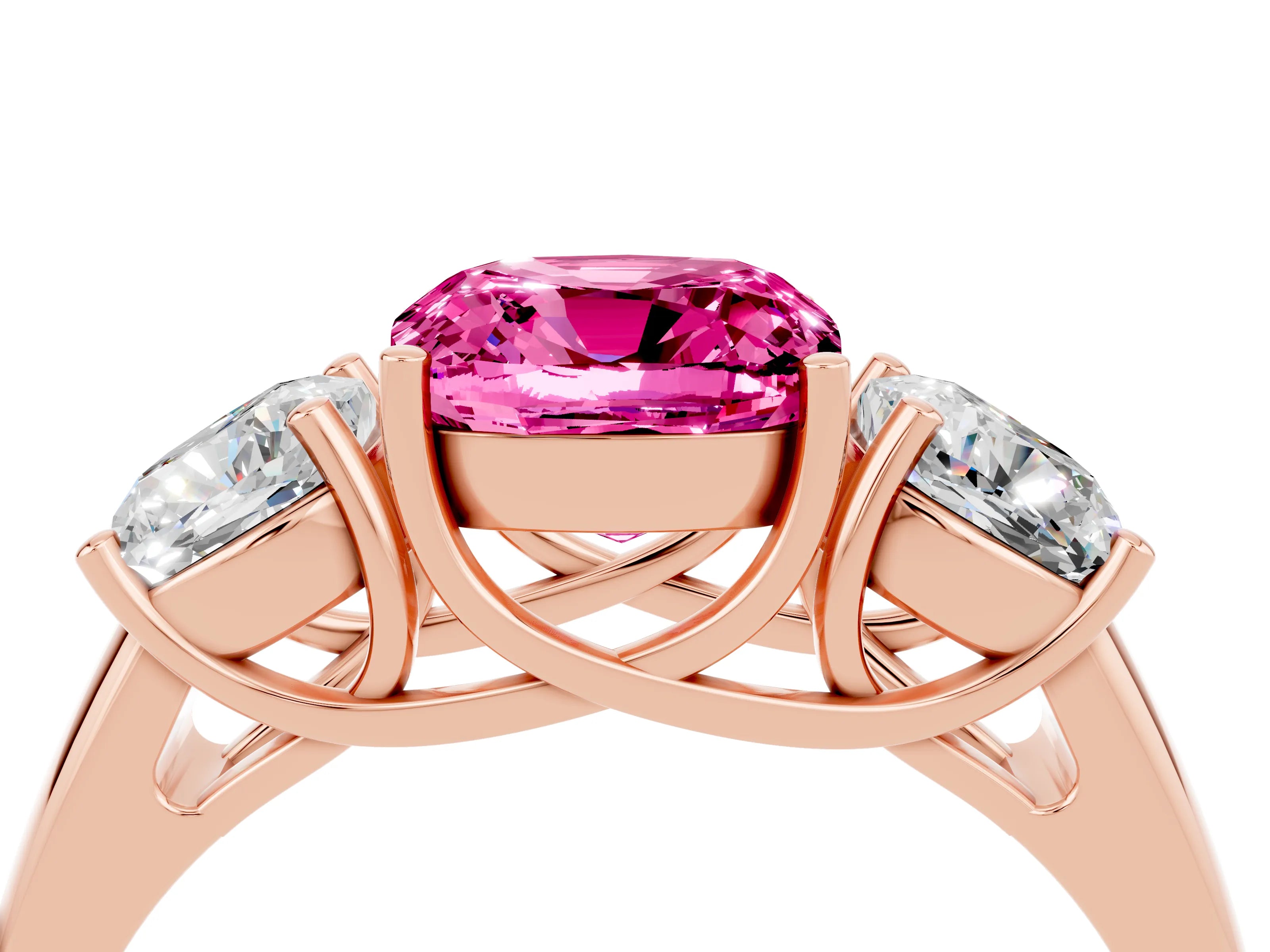 Rose gold Three-Stone Cushion Cut Pink Sapphire Engagement Ring with Prong Setting_4