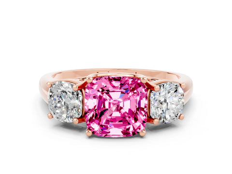 Rose gold Three-Stone Cushion Cut Pink Sapphire Engagement Ring with Prong Setting