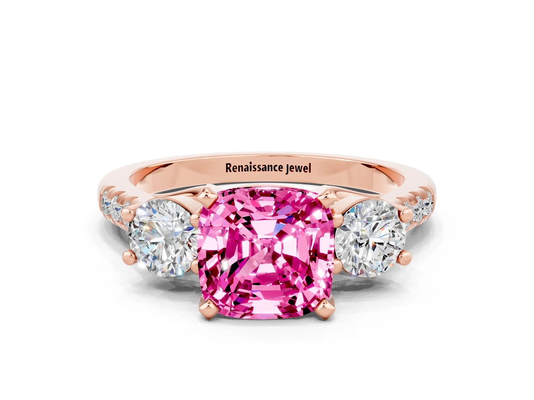Rose gold Three-Stone Cushion Cut Pink Sapphire Pavé Band with Four-Prong Setting_24