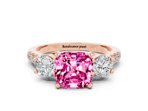 Rose gold Three-Stone Cushion Cut Pink Sapphire Pavé Band with Four-Prong Setting_24