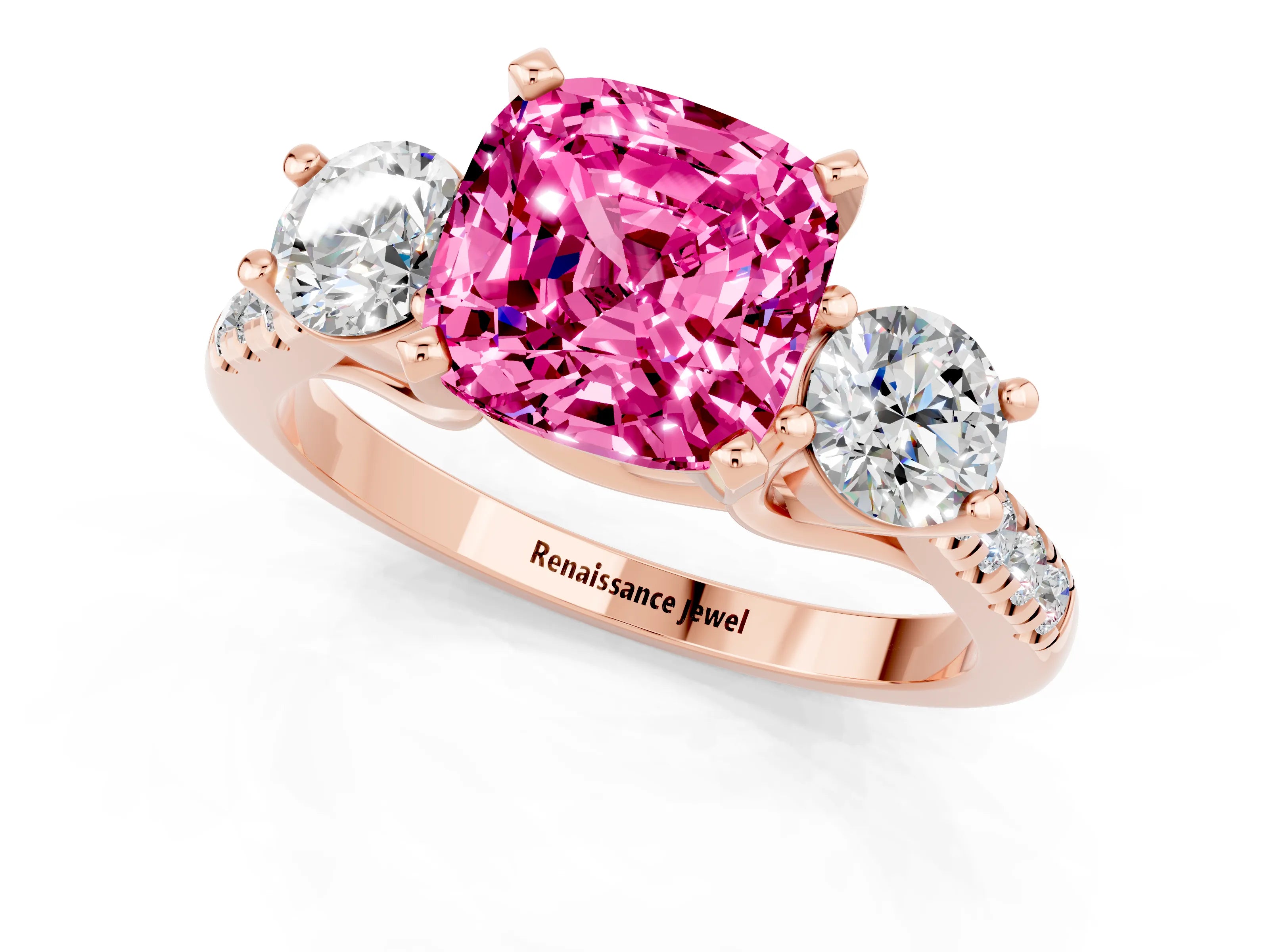 Rose gold Three-Stone Cushion Cut Pink Sapphire Pavé Band with Four-Prong Setting_25